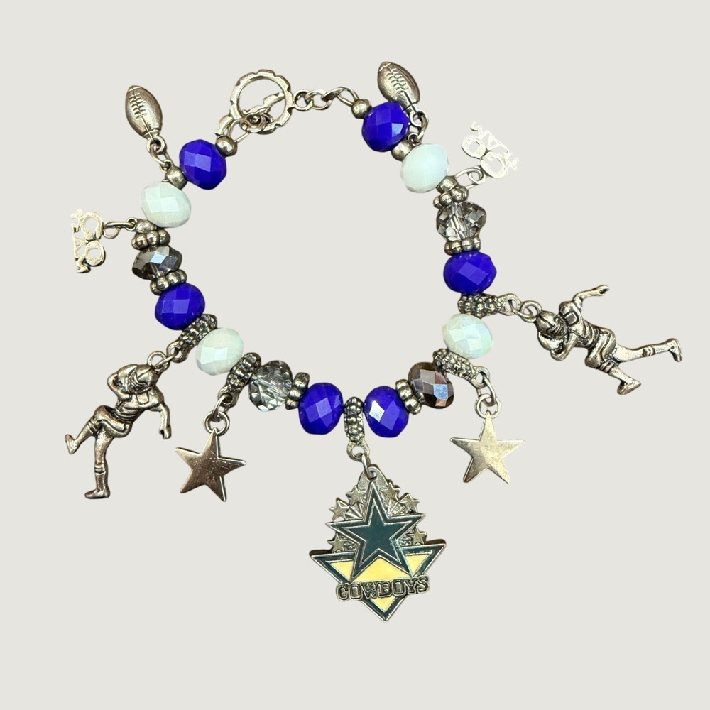 Handmade Dallas Cowboys Charm Bracelet Womens 8 Inch Blue Silver‎ Football Fan